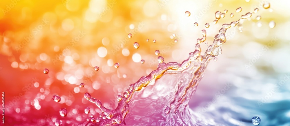 Poster Vibrant water splashes and droplets with a colorful gradient background featuring ample space for custom text or branding elements