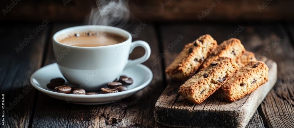 Poster coffee and cantuccini cookies on dark wooden table with steam rising from mug and copy space for tex