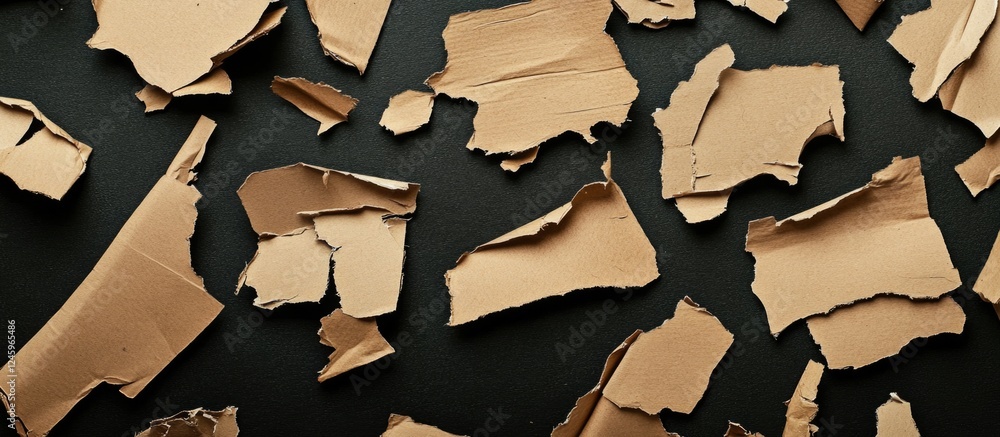 Poster Collection of torn cardboard pieces on a black background creating a textured surface for creative design and artistic projects