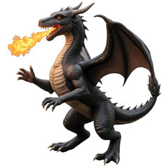 Fototapeta premium Fantasy dragon breathing fire, detailed mythical creature with robust wings and sharp claws, perfect for adventure themes. Isolated on white background or PNG