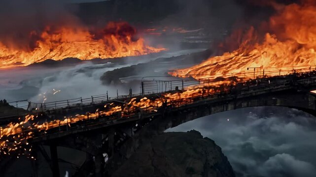 Harsh dramatic 360-degree spin establishing video of skeletal frame of collapsed bridge, fire storm, raging river, sparks rain down, burning bridge structure, roar
