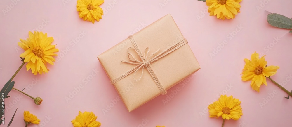 Poster flat lay composition of yellow flowers and a wrapped gift on a pink background with ample copy space