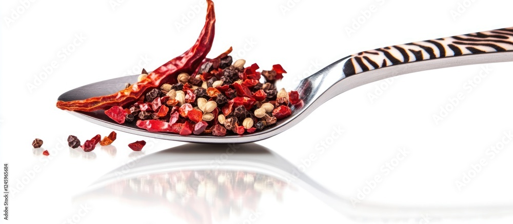 Poster dried chili peppers and seeds displayed on a tiger print titanium spoon with reflection and empty sp