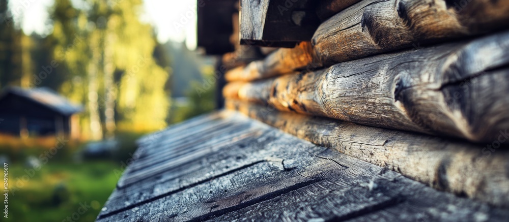 Poster wooden facade texture of a rustic building with soft sunlight highlighting natural patterns and near