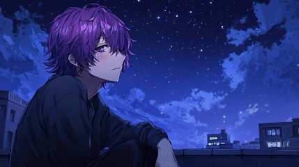 Young male character with purple hair gazing at starry night sky from rooftop, urban backdrop creating a peaceful and introspective atmosphere