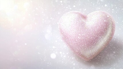 Fototapeta premium Pink Heart of Love: A soft, pink heart, delicately dusted with glitter, sits on a soft background bathed in gentle light. The heart radiates warmth and tenderness, symbolizing love, romance.