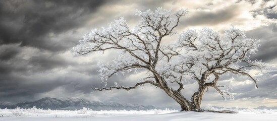 Snow-covered dry tree branches against a dramatic cloudy sky in a serene winter landscape with distant mountains in the background.