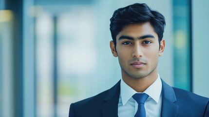 Confident young Asian Indian businessman in formal suit posing for camera with neutral background ideal for text placement and branding