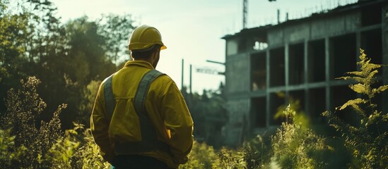 Construction worker observing building site surrounded by nature with empty text area for captions or headlines