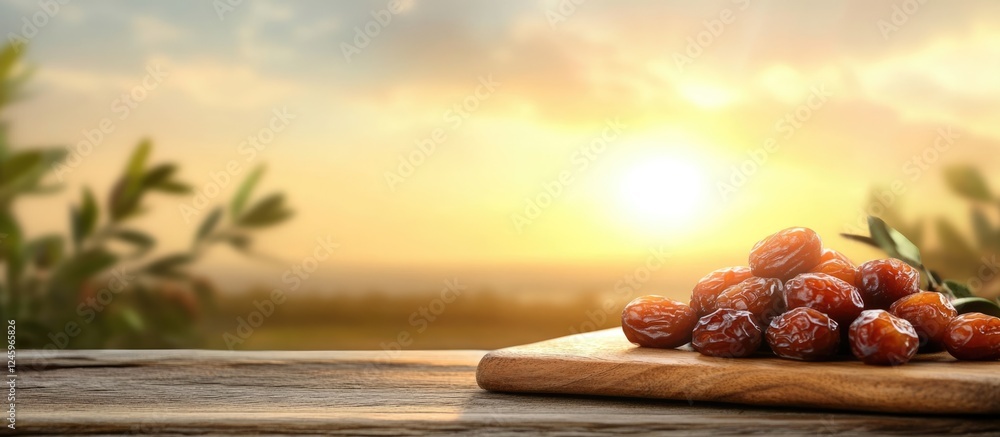 Poster date fruit arranged on a wooden board with a sunset backdrop and sunlit empty space for customizable