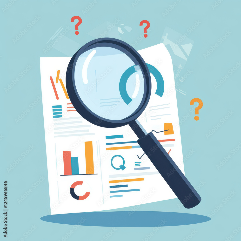 Poster magnifying glass enlarges details on financial report, highlighting graphs and charts. image conveys