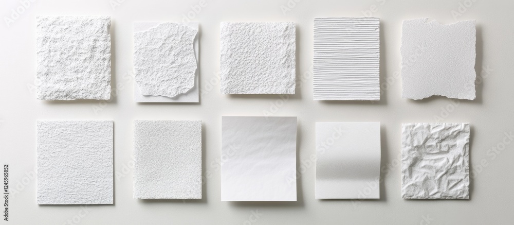 Poster variety of textured white papers arranged on a white background showcasing different designs and sur