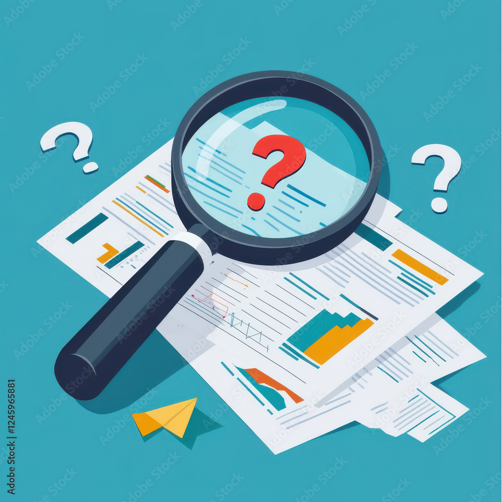 Poster magnifying glass enlarging details on financial documents with question marks. this conveys curiosit