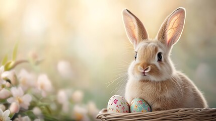 Easter day celebration cute bunny with pastel tone easter eggs in nature's embrace
