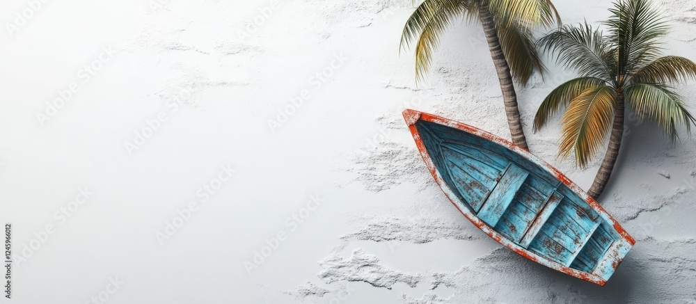 Aufkleber colorful beach boat and palm trees on a white background with space for text ideal for summer promot