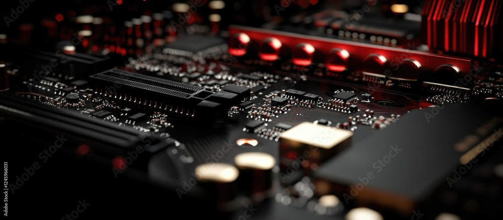 Poster Close-up of a sleek computer motherboard showcasing intricate circuits and illuminated components on a dark background.