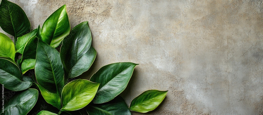 Poster concrete texture background with vibrant green leaves creating a natural contrast for design and dec