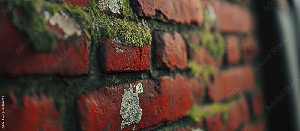Aufkleber vintage red brick wall texture with moss and peeling paint creating a rustic and weathered appearanc