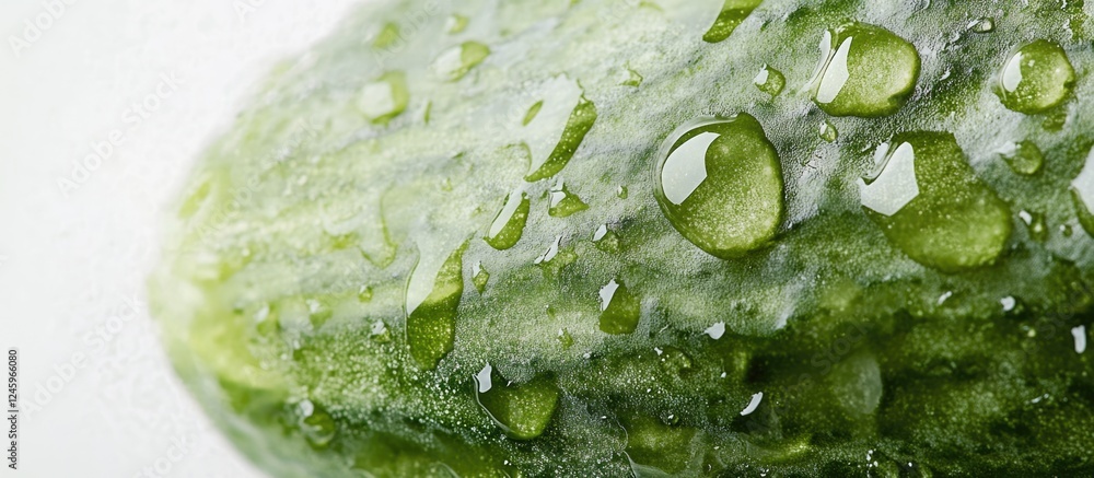 Poster close-up of fresh cucumber with water droplets isolated on a clean white background highlighting its