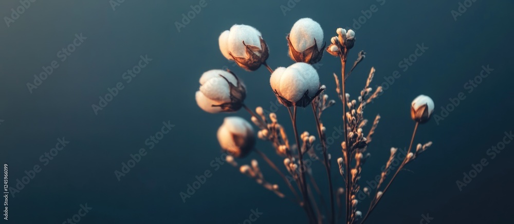 Poster cotton flower buds arrangement in soft light with space for text and branding in elegant composition