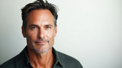Obraz premium Confident Mature Man Portrait with Neutral Background and Space for Text in Professional Setting
