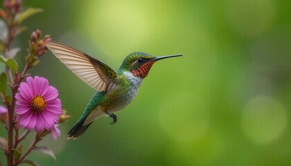 Fototapeta premium Vibrant Hummingbird in Flight Near Pink Flower with Lush Green Background Capturing Nature's Beauty and Grace