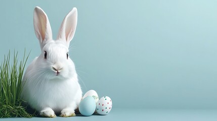 Easter day celebration cute bunny with pastel tone easter eggs on grass