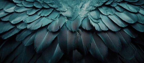 Close up of dark raven wings showcasing intricate soft feather patterns with a textured background and negative space for text placement