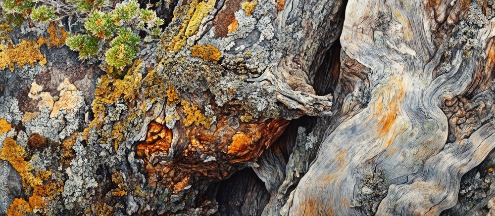 Aufkleber texture and colors of ancient tree bark with moss and lichen showcasing nature's intricate patterns 