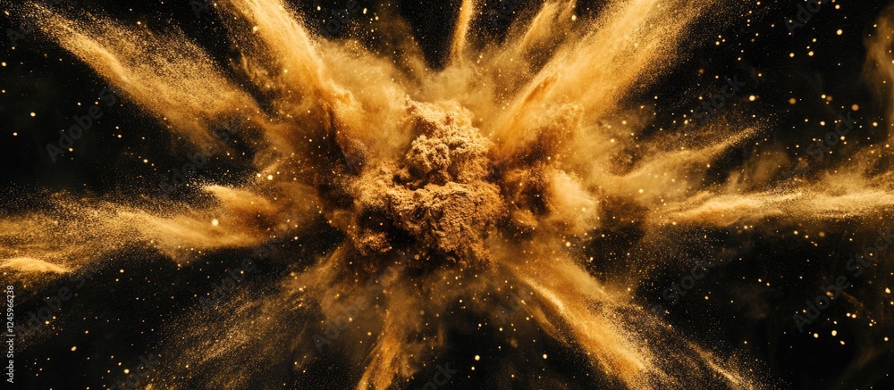 Poster golden powder explosion with dynamic movement on a black background perfect for text overlay or crea