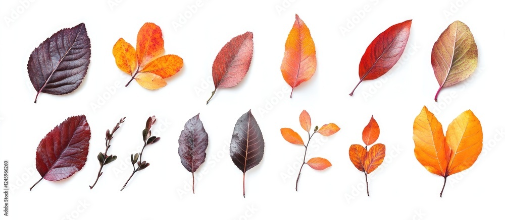Poster colorful collection of various leaves and branches isolated on white background showcasing autumn hu