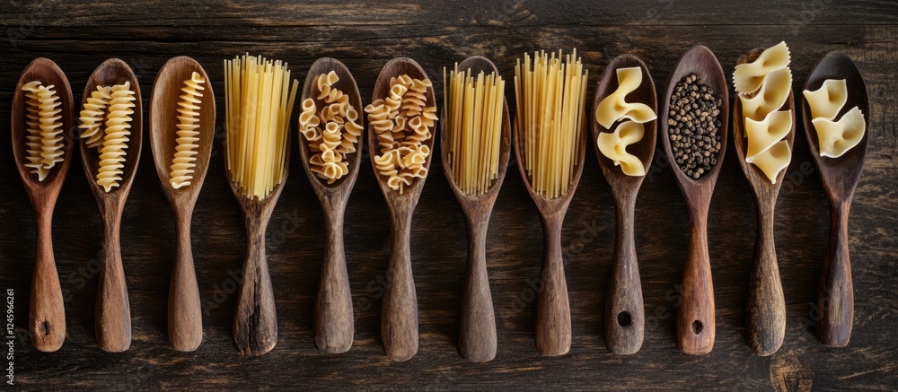 Poster composition of various types of raw italian pasta displayed in wooden spoons on rustic wooden backgr
