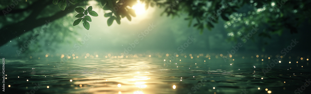 Poster blurred background of water and green trees with sunlight reflection, a nature-inspired blurred back