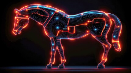 Digital Horse: Neon Wireframe Equine in Cyberpunk Style