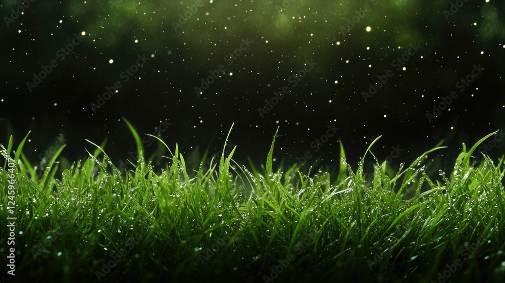 Poster dewy green grass sparkling in sunlight with a soft bokeh background providing ample space for text i