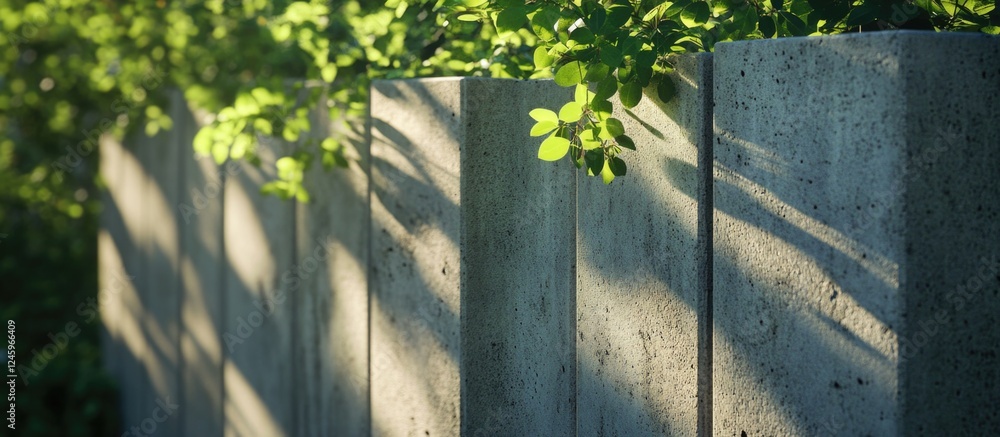 Poster concrete fence with green foliage casting shadows in natural sunlight, showcasing textures and patte