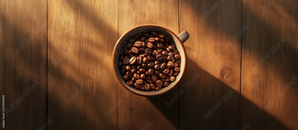 Poster aromatic coffee beans in a cup on wooden desk surface emphasizing warmth and texture in a cozy setti