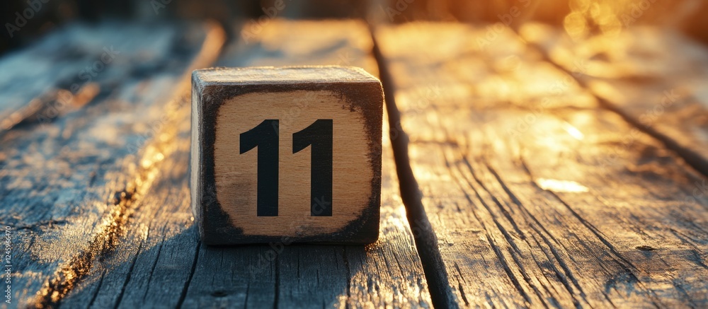 Aufkleber November 01 cube calendar block on rustic wooden surface with warm sunlight and space for text or additional design elements