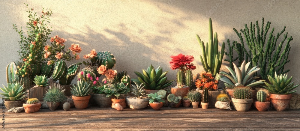 Poster vibrant display of diverse succulents and cacti arranged aesthetically on wooden table against a neu