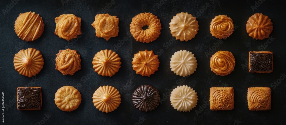 Aufkleber Assorted golden sand cookies displayed on a dark background showcasing various shapes and textures for a delightful dessert palette