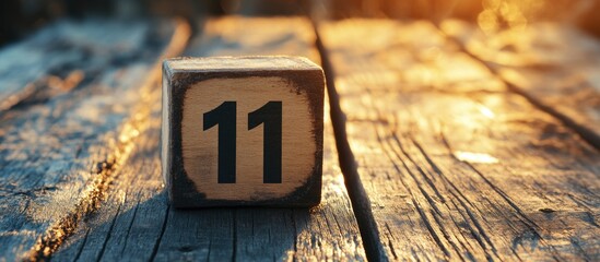 November 01 cube calendar block on rustic wooden surface with warm sunlight and space for text or additional design elements