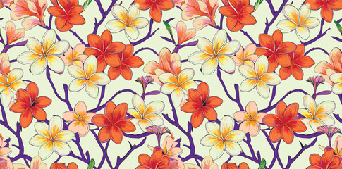 Repeating pattern of orange and yellow flowers with purple stems on a light background.