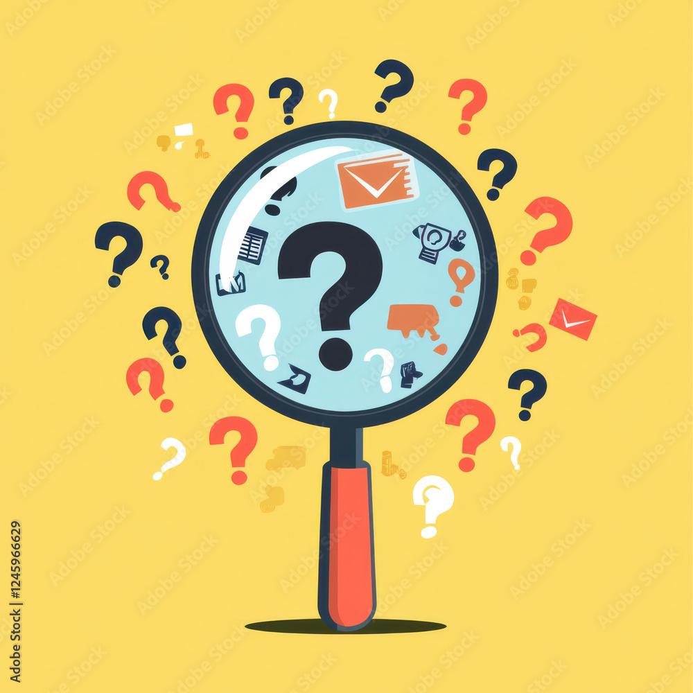 Poster magnifying glass focusing on question marks and various icons, symbolizing inquiry and exploration i