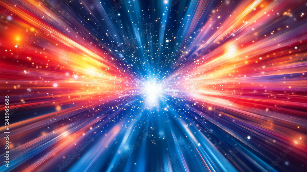 Poster a vibrant burst of light, creating an explosion of color with stars and particles, symbolizing energ