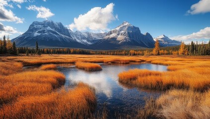 Autumnal mountain lake reflection, fall foliage, Canadian Rockies panorama