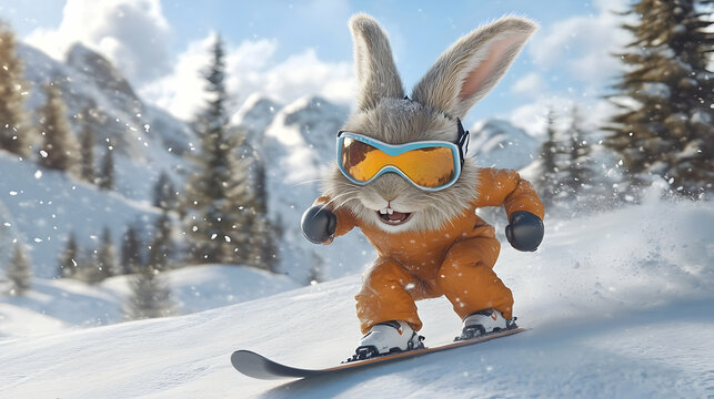 Animated bunny skiing down snowy mountain in bright orange outfit