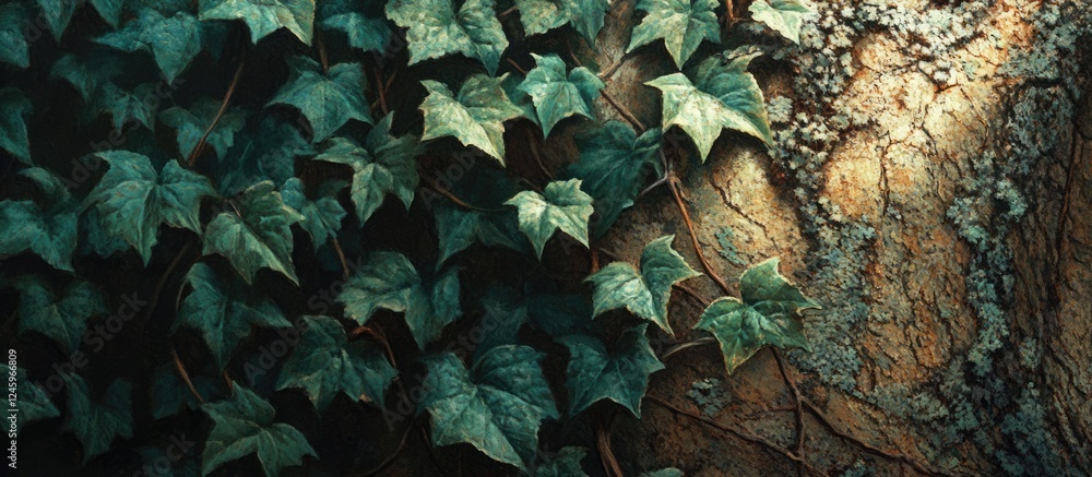 Aufkleber common ivy hedera helix climbing a textured tree trunk in a lush forest setting showcasing vibrant g