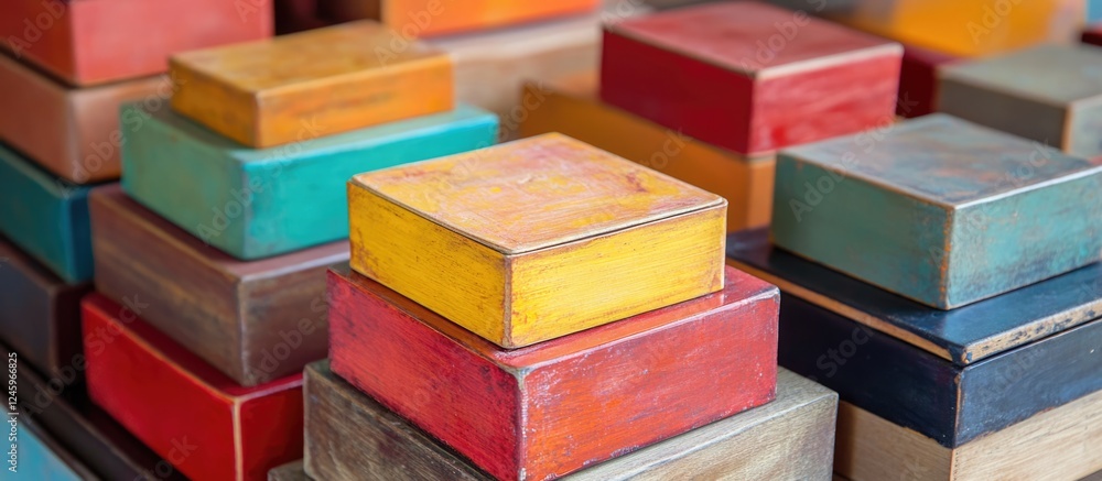 Fototapete Colorful Lacquered Boxes Stacked Display with Vibrant Hues and Empty Space for Custom Text or Branding