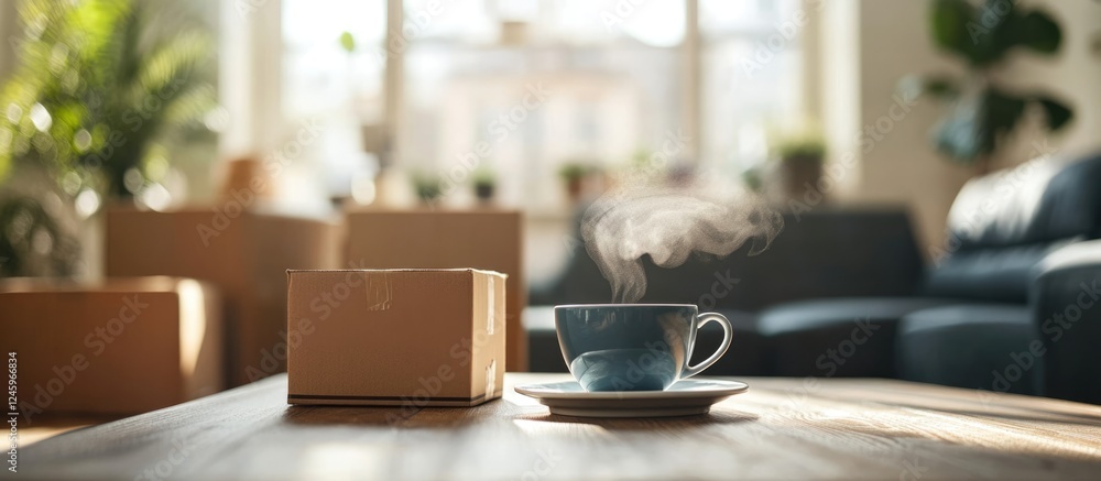 Poster cozy home environment with moving boxes and steaming coffee cup inviting warm atmosphere and empty s