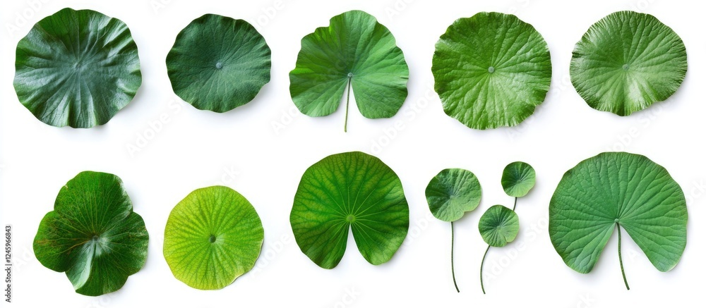 Poster Variety of Lotus leaves arranged on a white background showcasing unique shapes and textures for natural design and decoration use
